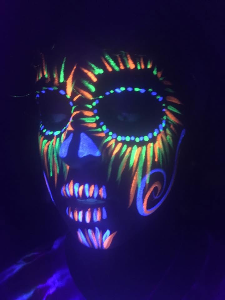 UV Neon Skull face paint design by Brigid's Fantasy Faces